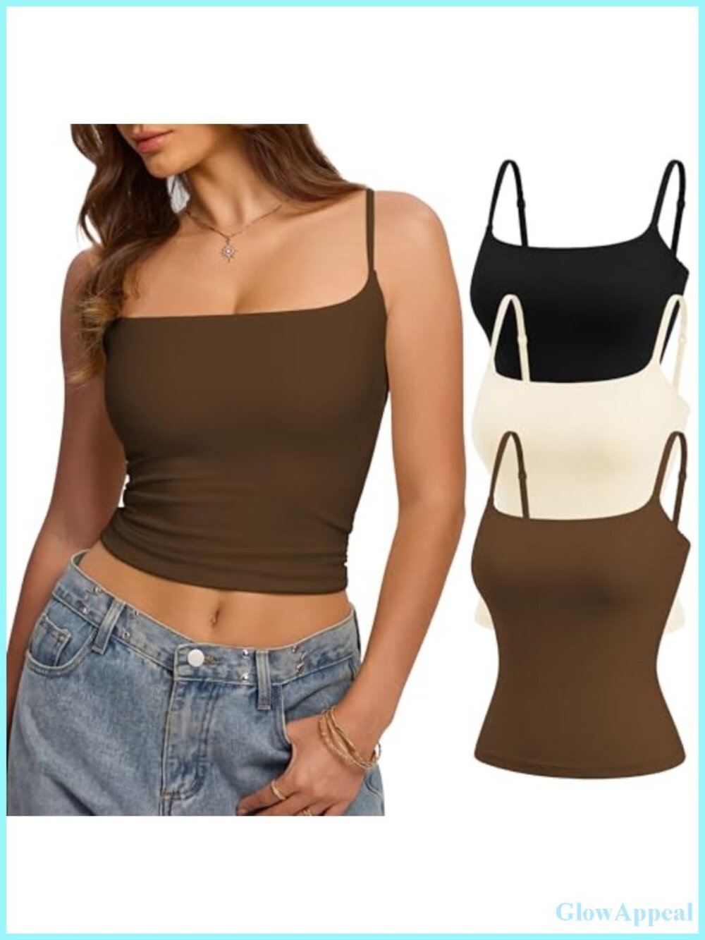 Double Lined Spaghetti Strap Tank Top Square Neck Slim Fit Sleeveless Cami